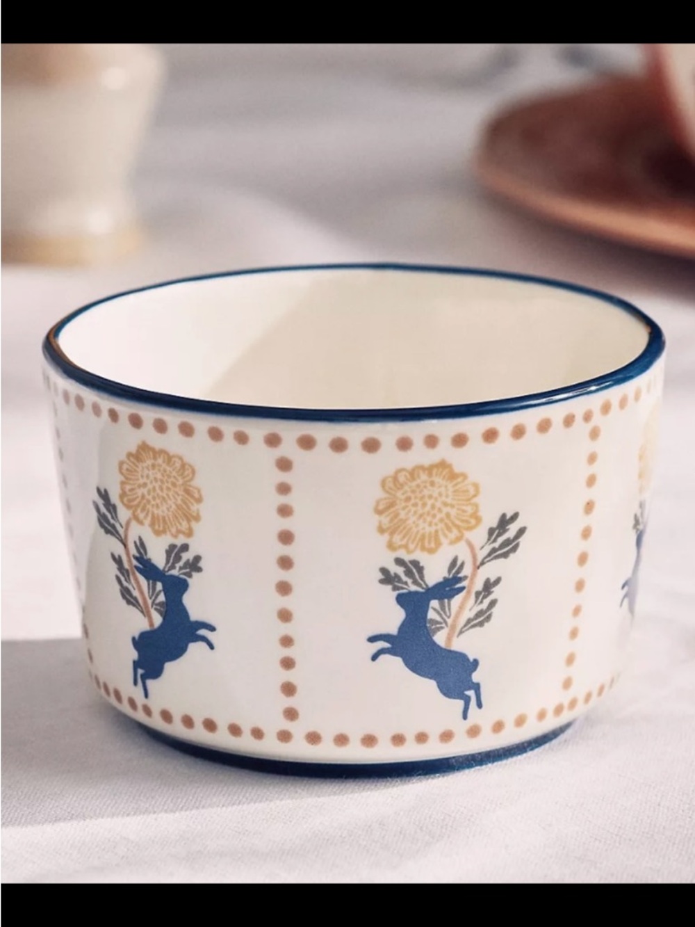 Anthropologie Blue & Cream Floral Deer Ceramic Serving Bowl